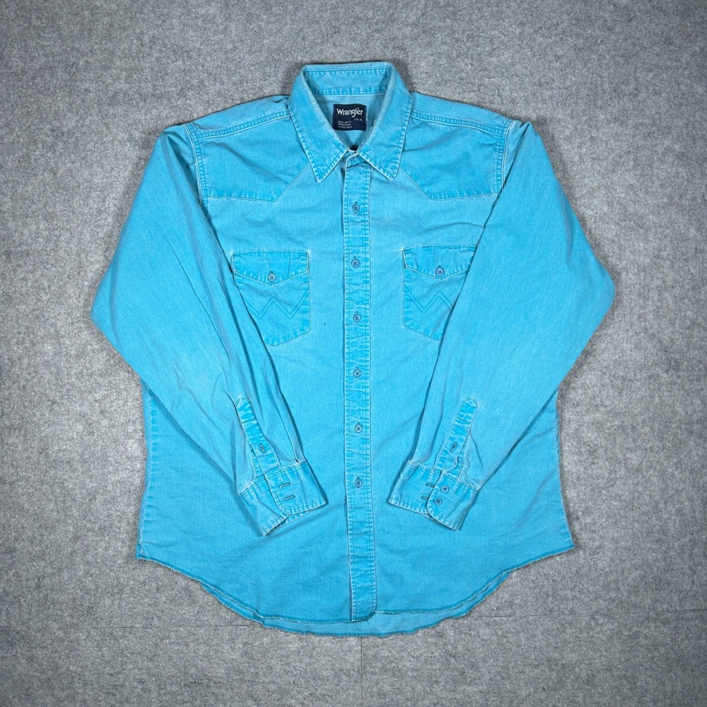 Wrangler Western Shirt Mens 17.5x35 Blue Cowboy Workwear Casual Long Sleeve‎